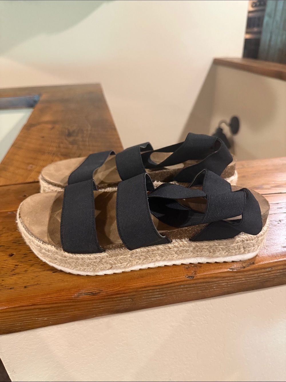 Time and Tru Black Elastic Espadrille Platform Sandals